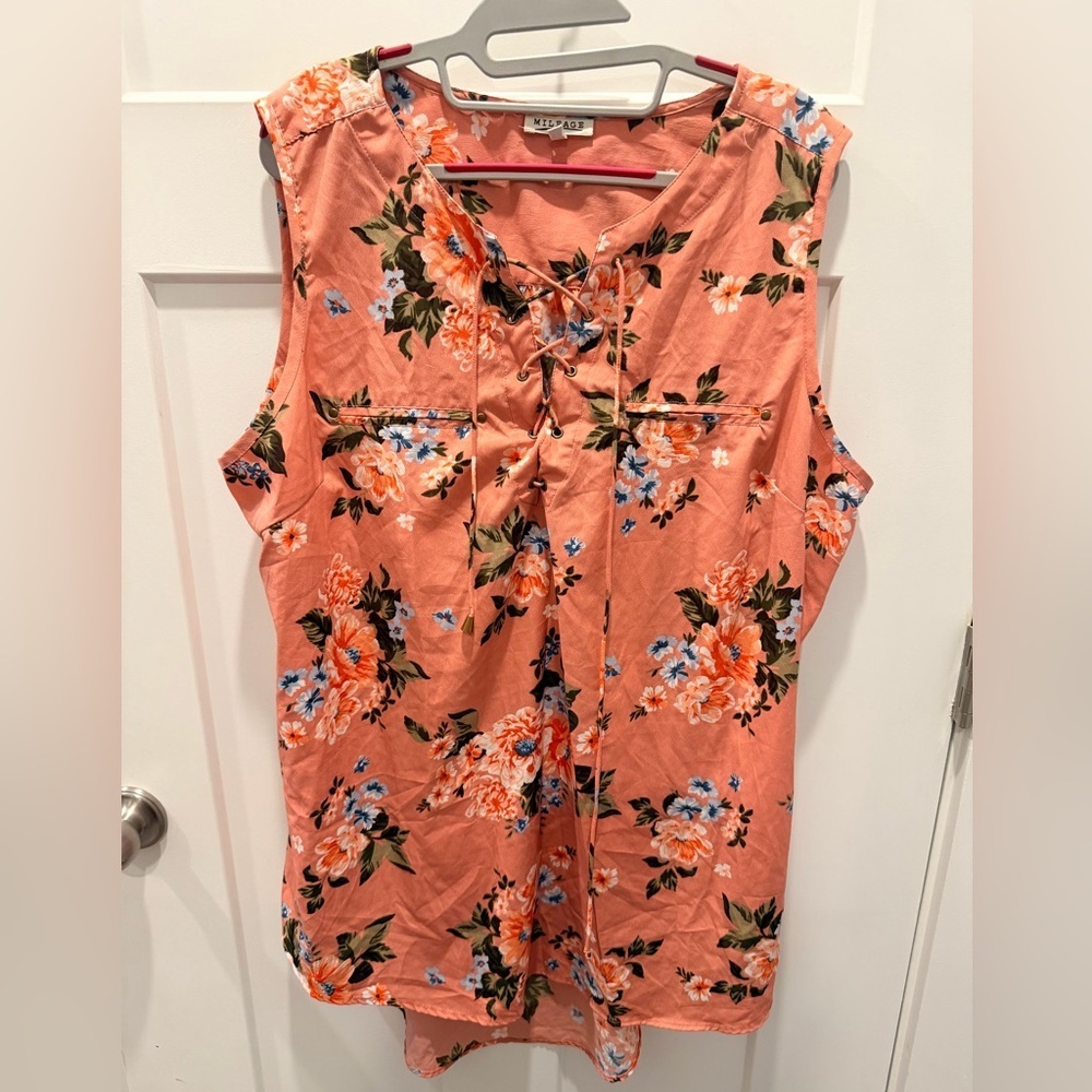 Mileage  Coral Floral Lace-Up Sleeveless Top 3X Boho Style